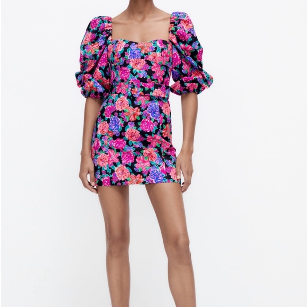 NWT Zara Puff Sleeve Floral Mini Dress Size L
